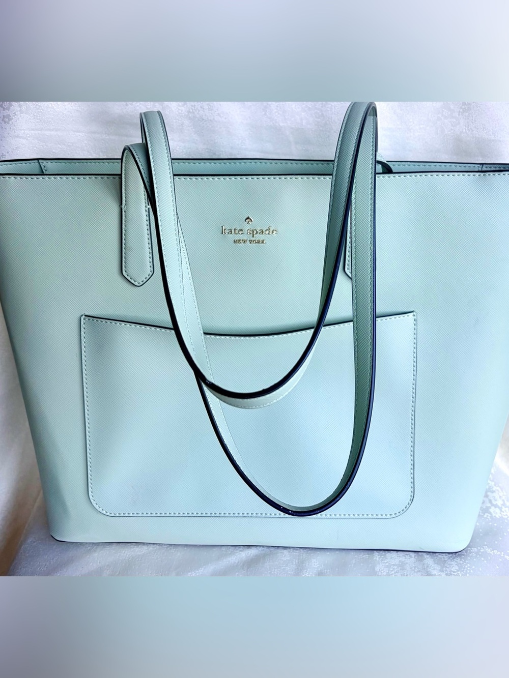 Kate Spade pale mint leather tote with front pocket and clutch (never worn)
